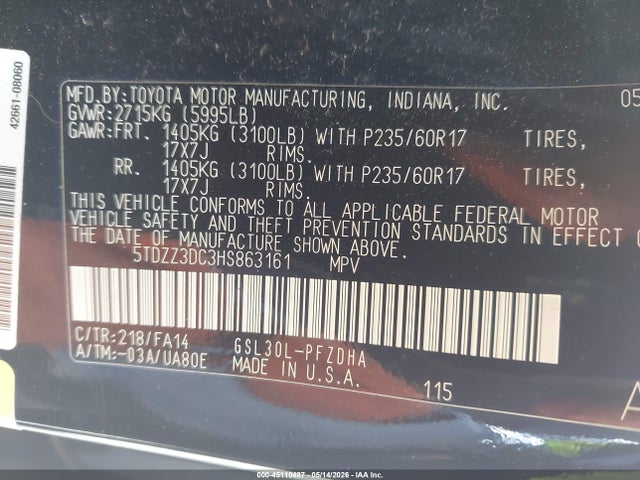 45110487 :رقم المزاد ، 5TDZZ3DC3HS863161 vin ، 2017 Toyota Sienna L 7 Passenger مزاد بيع