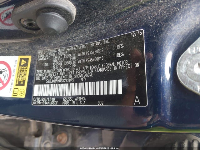 Aukcja sprzedaży 2016 Toyota Highlander Xle V6, vin: 5TDJKRFH0GS242875, numer aukcji: 45110494