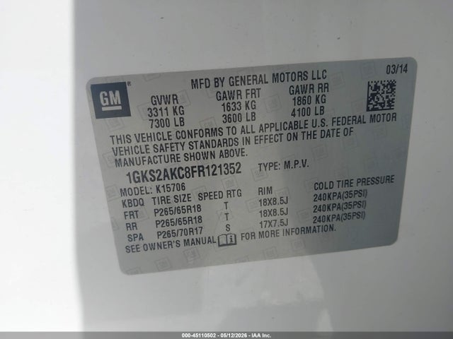 Aukcja sprzedaży 2015 Gmc Yukon Sle, vin: 1GKS2AKC8FR121352, numer aukcji: 45110502