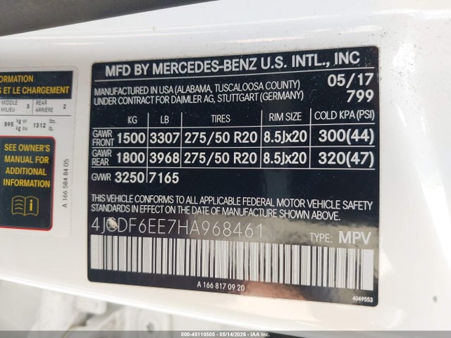 Продажа на аукционе авто 2017 Mercedes-benz Gls 450 4matic, vin: 4JGDF6EE7HA968461, номер лота: 45110505