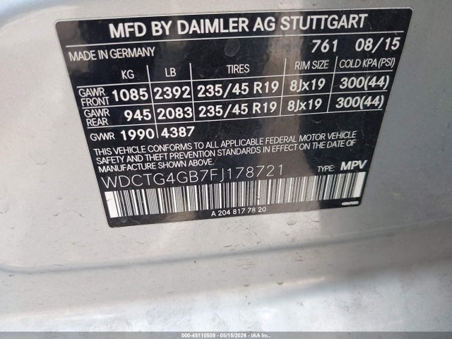 Aukcja sprzedaży 2015 Mercedes-benz Gla 250 4matic, vin: WDCTG4GB7FJ178721, numer aukcji: 45110509