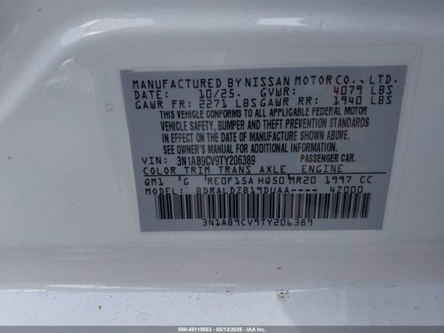 Aukcja sprzedaży 2026 Nissan Sentra Sv, vin: 3N1AB9CV9TY206389, numer aukcji: 45110553