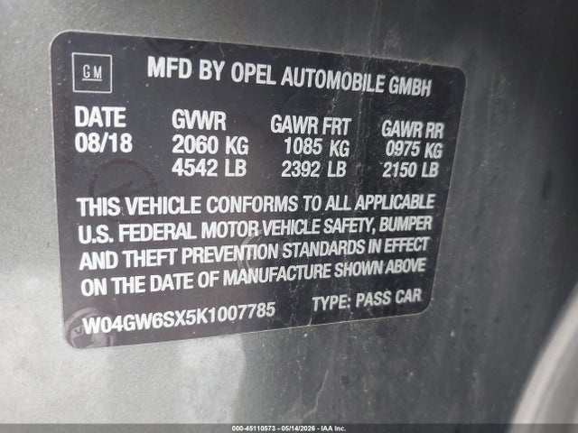 45110573 :رقم المزاد ، W04GW6SX5K1007785 vin ، 2019 Buick Regal Sportback Awd Avenir مزاد بيع