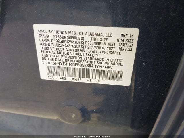 5FNYF4H45EB053804 Honda Pilot Ex