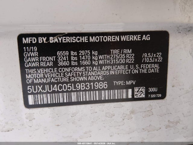Продаж на аукціоні авто 2020 Bmw X5 M50i, vin: 5UXJU4C05L9B31986, номер лоту: 45110641