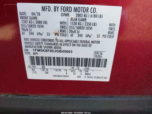 Ford Explorer Limited 2018 1FM5K8F85JGB45003 Image 9