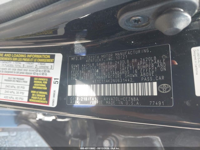 Aukcja sprzedaży 2022 Toyota Camry Le, vin: 4T1C11AK2NU631442, numer aukcji: 45110662
