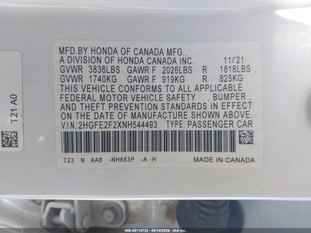Honda Civic Lx 2022 2HGFE2F2XNH544493 Image 9