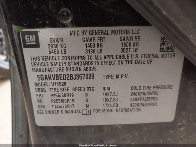 45110729 :رقم المزاد ، 5GAKVBED2BJ367028 vin ، 2011 Buick Enclave 1xl مزاد بيع