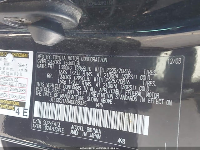 Продаж на аукціоні авто 2004 Toyota Highlander, vin: JTEGD21A840088335, номер лоту: 45110731