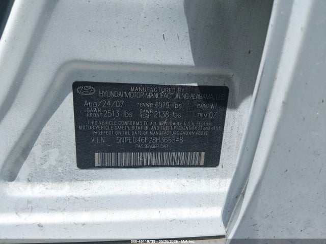 Aukcja sprzedaży 2008 Hyundai Sonata Limited V6/se V6, vin: 5NPEU46F28H365548, numer aukcji: 45110739