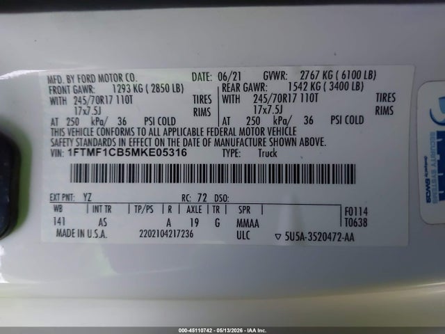 Продаж на аукціоні авто 2021 Ford F-150 Xl, vin: 1FTMF1CB5MKE05316, номер лоту: 45110742