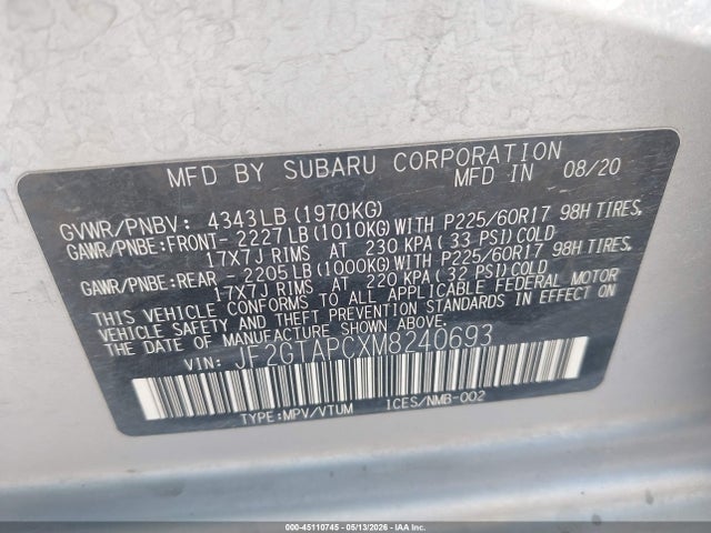 Продаж на аукціоні авто 2021 Subaru Crosstrek Premium, vin: JF2GTAPCXM8240693, номер лоту: 45110745