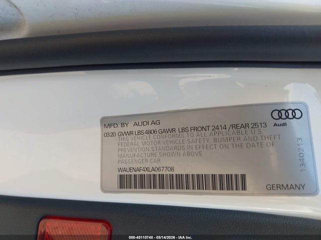 Aukcja sprzedaży 2020 Audi A4 Premium Plus 45 Tfsi Quattro S Tronic, vin: WAUENAF4XLA067708, numer aukcji: 45110748
