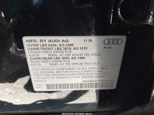 Aukcja sprzedaży 2019 Audi Q5 45 Premium, vin: WA1BNAFY7K2023452, numer aukcji: 45110759