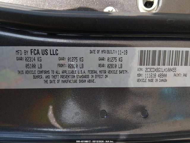 Продажа на аукционе авто 2020 Dodge Charger Sxt Rwd, vin: 2C3CDXBG1LH100455, номер лота: 45110817