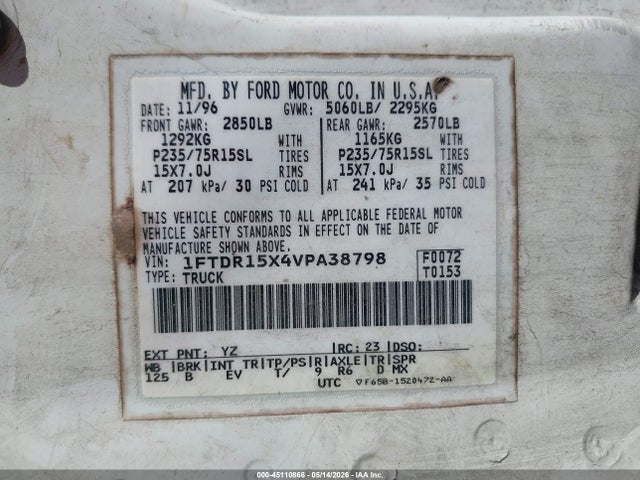 1997 Ford Ranger Splash/stx/xlt მანქანა იყიდება აუქციონზე, vin: 1FTDR15X4VPA38798, აუქციონის ნომერი: 45110866