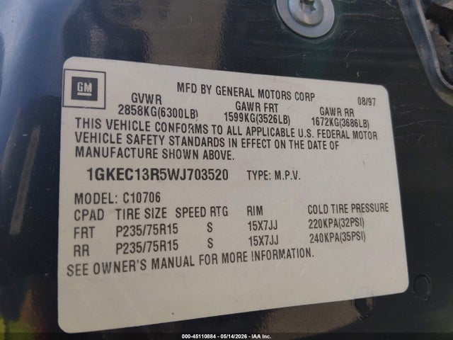 1998 Gmc Yukon Slt მანქანა იყიდება აუქციონზე, vin: 1GKEC13R5WJ703520, აუქციონის ნომერი: 45110884
