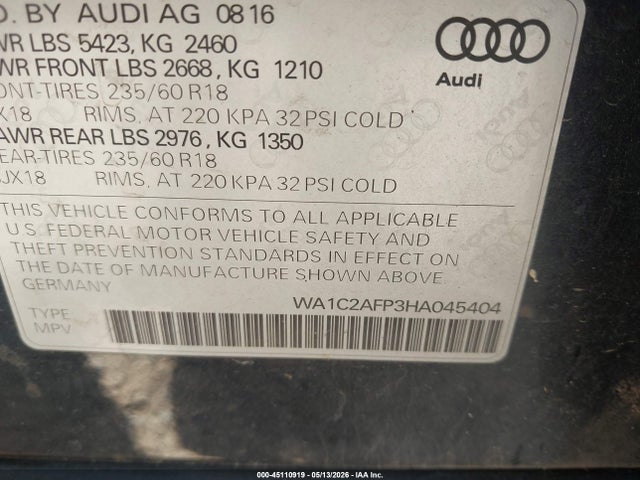 2017 Audi Q5 2.0t Premium მანქანა იყიდება აუქციონზე, vin: WA1C2AFP3HA045404, აუქციონის ნომერი: 45110919