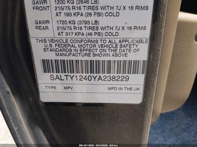 45110928 :رقم المزاد ، SALTY1240YA238229 vin ، 2000 Land Rover Discovery Series Ii Cloth/series Ii Leather مزاد بيع