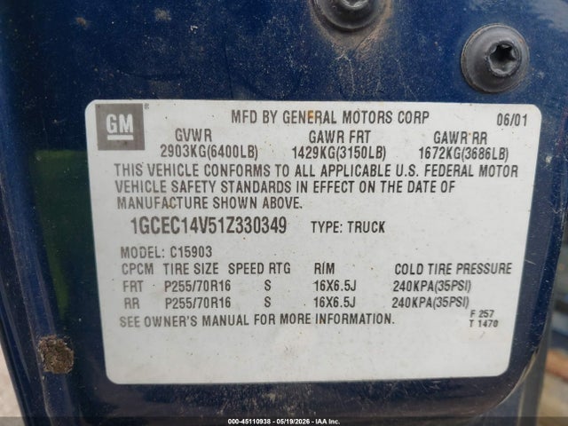 45110938 :رقم المزاد ، 1GCEC14V51Z330349 vin ، 2001 Chevrolet Silverado 1500 Ls مزاد بيع