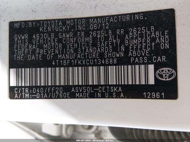 Aukcja sprzedaży 2012 Toyota Camry Se, vin: 4T1BF1FKXCU134688, numer aukcji: 45110950