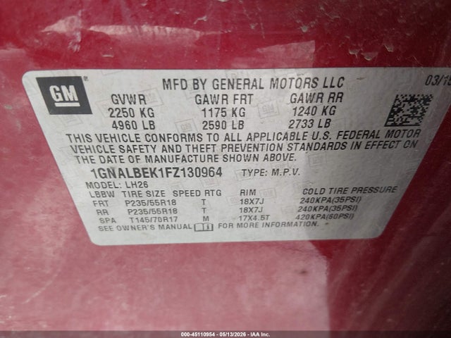 2015 Chevrolet Equinox 1lt მანქანა იყიდება აუქციონზე, vin: 1GNALBEK1FZ130964, აუქციონის ნომერი: 45110954