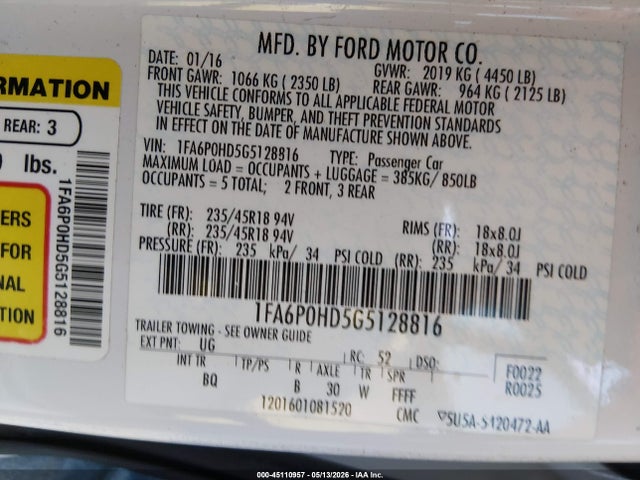 2016 Ford Fusion Se მანქანა იყიდება აუქციონზე, vin: 1FA6P0HD5G5128816, აუქციონის ნომერი: 45110957