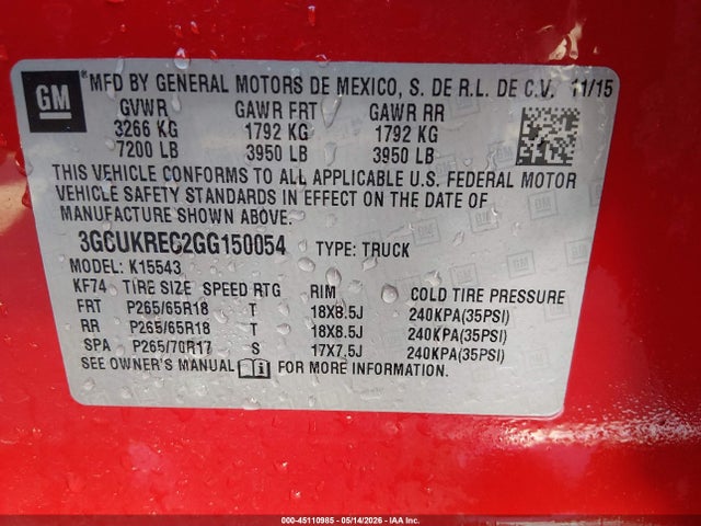 45110985 :رقم المزاد ، 3GCUKREC2GG150054 vin ، 2016 Chevrolet Silverado 1500 2lt مزاد بيع