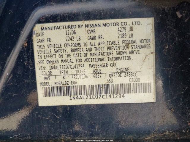 Aukcja sprzedaży 2007 Nissan Altima 2.5 S, vin: 1N4AL21E07C141294, numer aukcji: 45111015