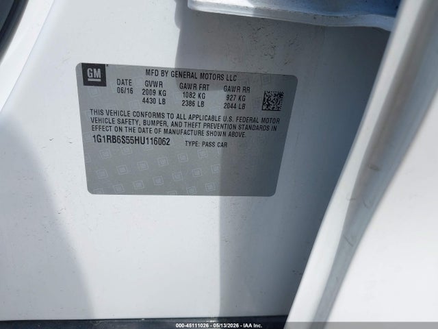 2017 Chevrolet Volt Premier მანქანა იყიდება აუქციონზე, vin: 1G1RB6S55HU116062, აუქციონის ნომერი: 45111026