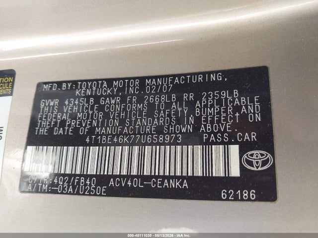 Продажа на аукционе авто 2007 Toyota Camry Le, vin: 4T1BE46K77U658973, номер лота: 45111030