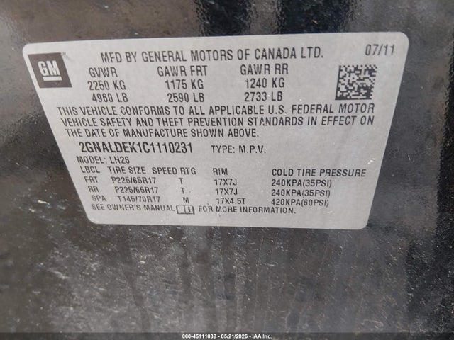 Продажа на аукционе авто 2012 Chevrolet Equinox 1lt, vin: 2GNALDEK1C1110231, номер лота: 45111032