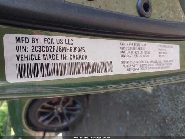 Auction sale of the 2021 Dodge Challenger R/t Scat Pack, vin: 2C3CDZFJ6MH609945, lot number: 45111034