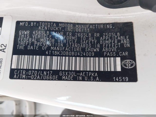 45111036 :رقم المزاد ، 4T1BK3DB0BU424009 vin ، 2011 Toyota Avalon Limited مزاد بيع