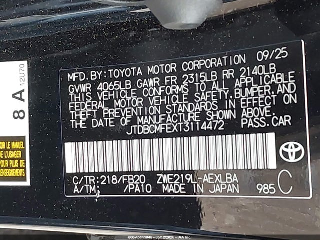 Продаж на аукціоні авто 2026 Toyota Corolla Hybrid Hybrid Le, vin: JTDBCMFEXT3114472, номер лоту: 45111046