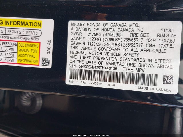 Aukcja sprzedaży 2026 Honda Cr-v Lx Awd, vin: 2HKRS4H28TH448136, numer aukcji: 45111052