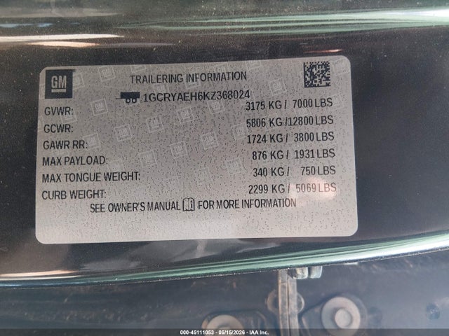 Aukcja sprzedaży 2019 Chevrolet Silverado 1500 Work Truck, vin: 1GCRYAEH6KZ368024, numer aukcji: 45111053