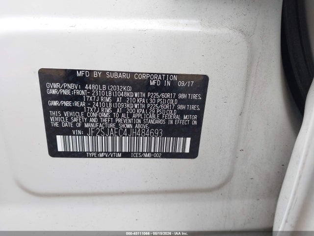 45111066 :رقم المزاد ، JF2SJAEC4JH484693 vin ، 2018 Subaru Forester 2.5i Premium مزاد بيع