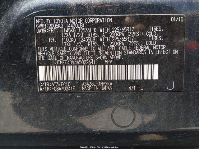 2010 Toyota Rav4 მანქანა იყიდება აუქციონზე, vin: JTMZF4DV4A5022641, აუქციონის ნომერი: 45111080