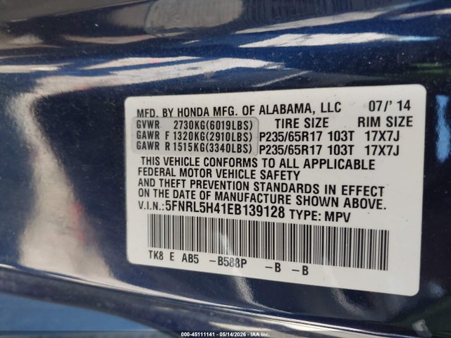 2014 Honda Odyssey Ex მანქანა იყიდება აუქციონზე, vin: 5FNRL5H41EB139128, აუქციონის ნომერი: 45111141