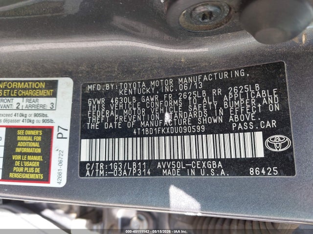 45111142 :رقم المزاد ، 4T1BD1FKXDU090599 vin ، 2013 Toyota Camry Hybrid Xle مزاد بيع