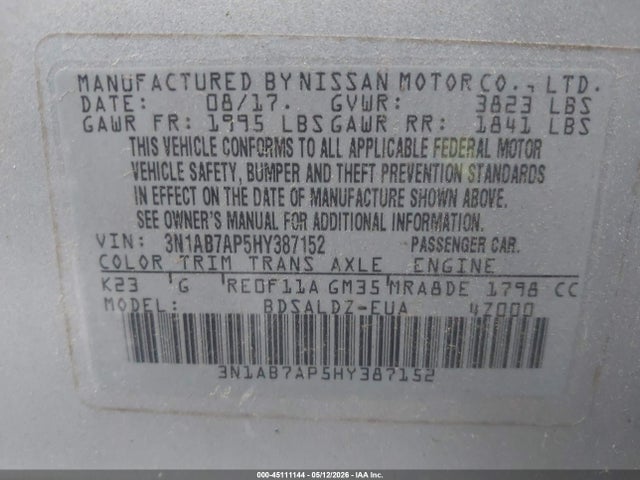 Aukcja sprzedaży 2017 Nissan Sentra Sv, vin: 3N1AB7AP5HY387152, numer aukcji: 45111144