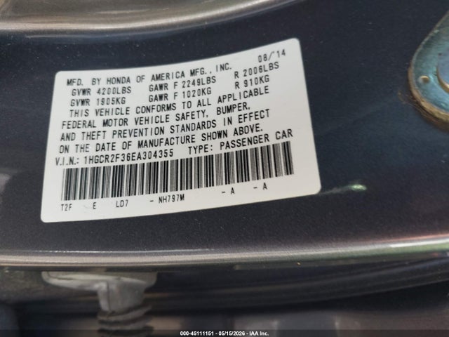Продажа на аукционе авто 2014 Honda Accord Lx, vin: 1HGCR2F36EA304355, номер лота: 45111151