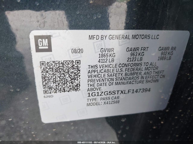 2020 Chevrolet Malibu Fwd Rs მანქანა იყიდება აუქციონზე, vin: 1G1ZG5STXLF147394, აუქციონის ნომერი: 45111153