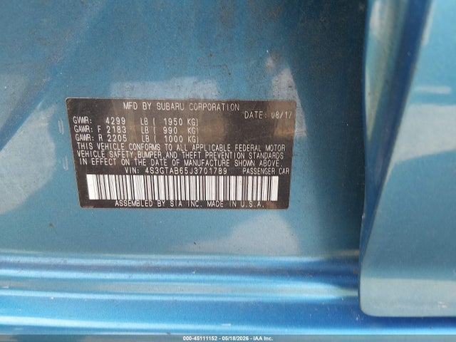 45111152 :رقم المزاد ، 4S3GTAB65J3701789 vin ، 2018 Subaru Impreza 2.0i Premium مزاد بيع