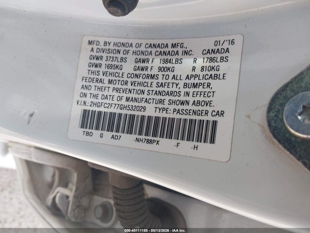 45111155 :رقم المزاد ، 2HGFC2F77GH532029 vin ، 2016 Honda Civic Ex مزاد بيع