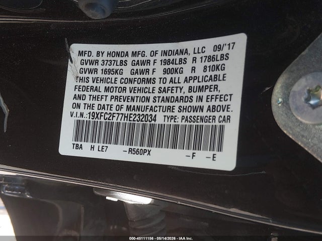 Honda CIVIC EX 2017 19XFC2F77HE232034 Image 9