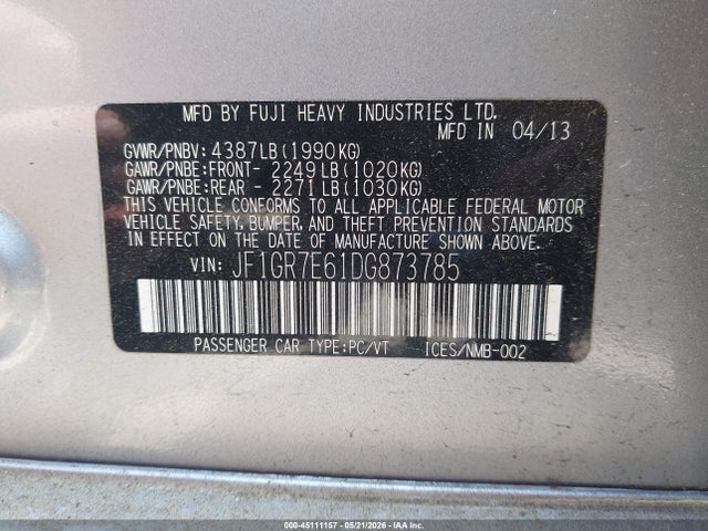 Продажа на аукционе авто 2013 Subaru Impreza Wrx, vin: JF1GR7E61DG873785, номер лота: 45111157