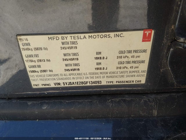 Продаж на аукціоні авто 2016 Tesla Model S 60d/70d/75d/85d/90d, vin: 5YJSA1E28GF134093, номер лоту: 45111158